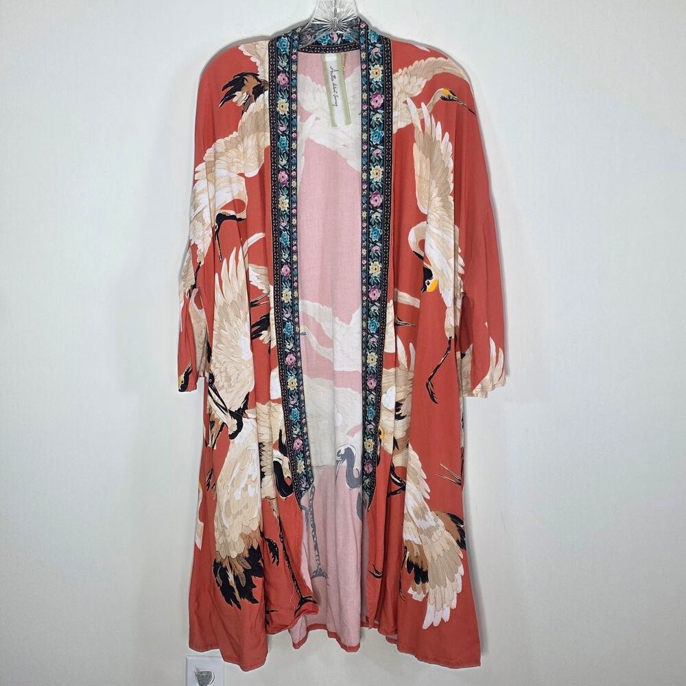 Aratta Silent Journey Kimono Womens One Size Coral Japanese Crane Print Duster